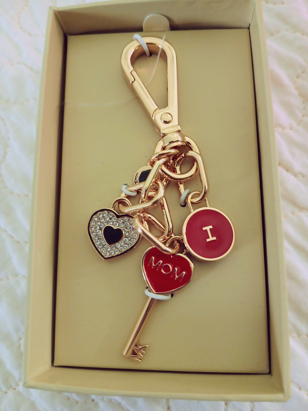 Michael Kors Mom Gold-Tone Keychain with Red Heart and Enamel Charms